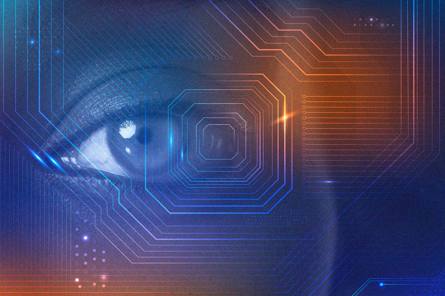 An eye sat under an overlay of biometric graphics in orange and blue