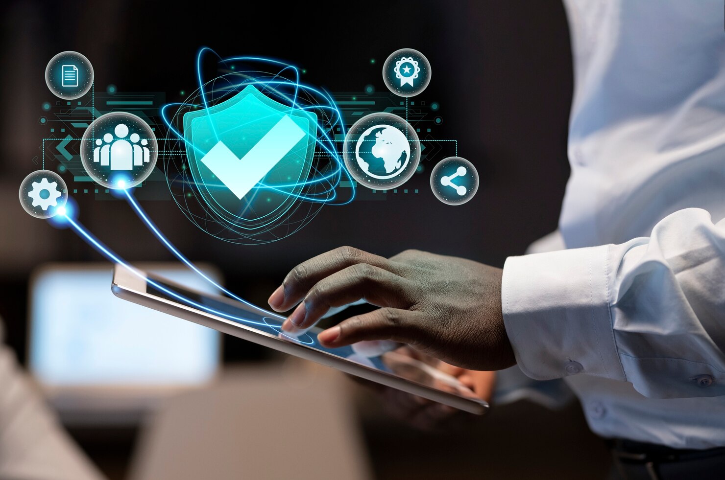 A person touching a tablet computer with cyber security graphics displaying above the screen